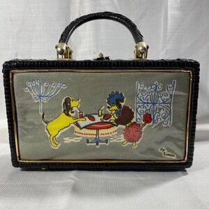 HTF Vtg SIMON Wicker &Vinyl PURSE Poodle Dog Lunch Date Drinks Hong Kong Handbag